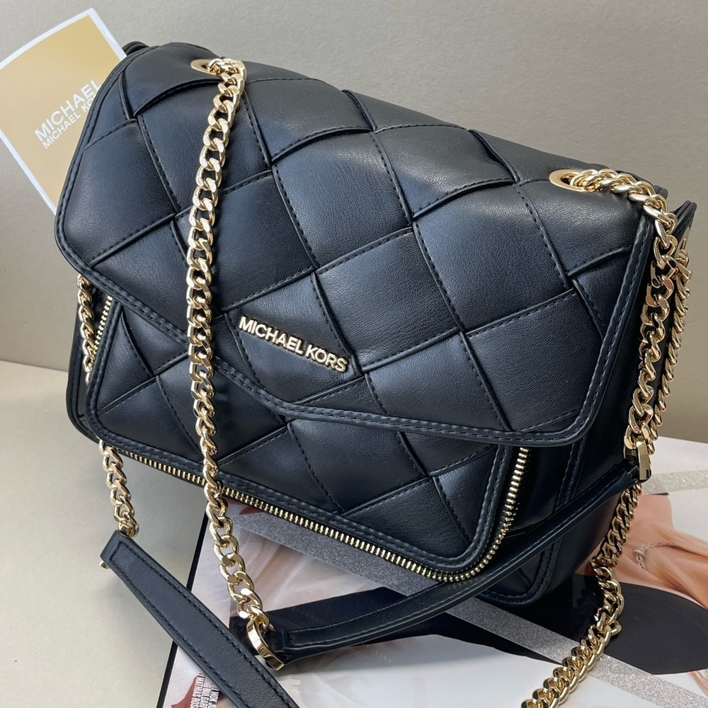 (new+card) Michael Kors Regina flap shoulder bag crossbody black leather quilted